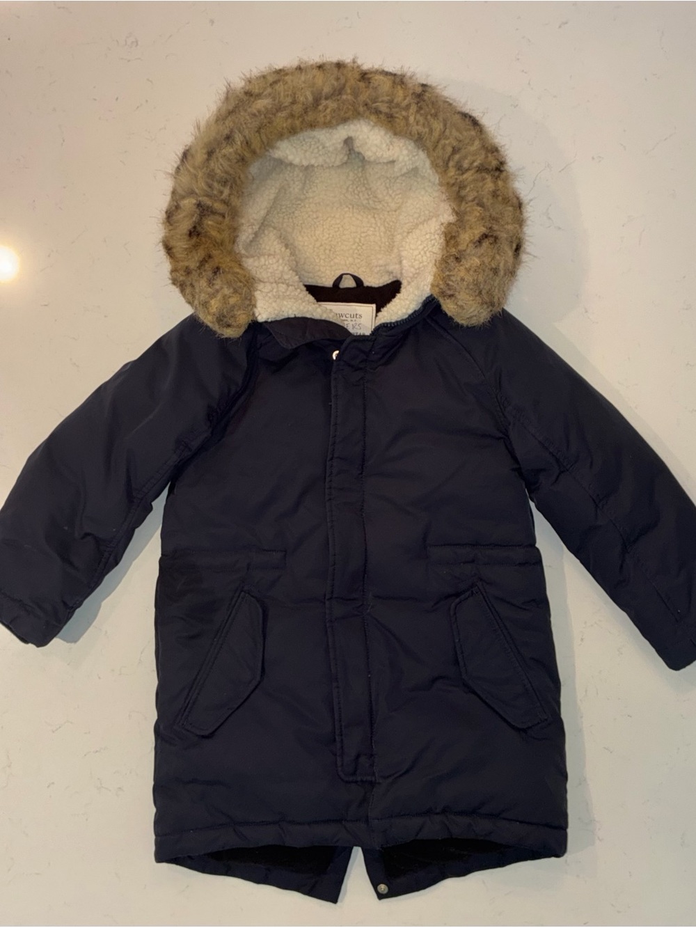 Crewcuts Navy Blue Puffer Coat with Faux Fur Hood